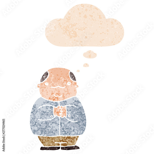 cartoon balding man and thought bubble in retro textured style