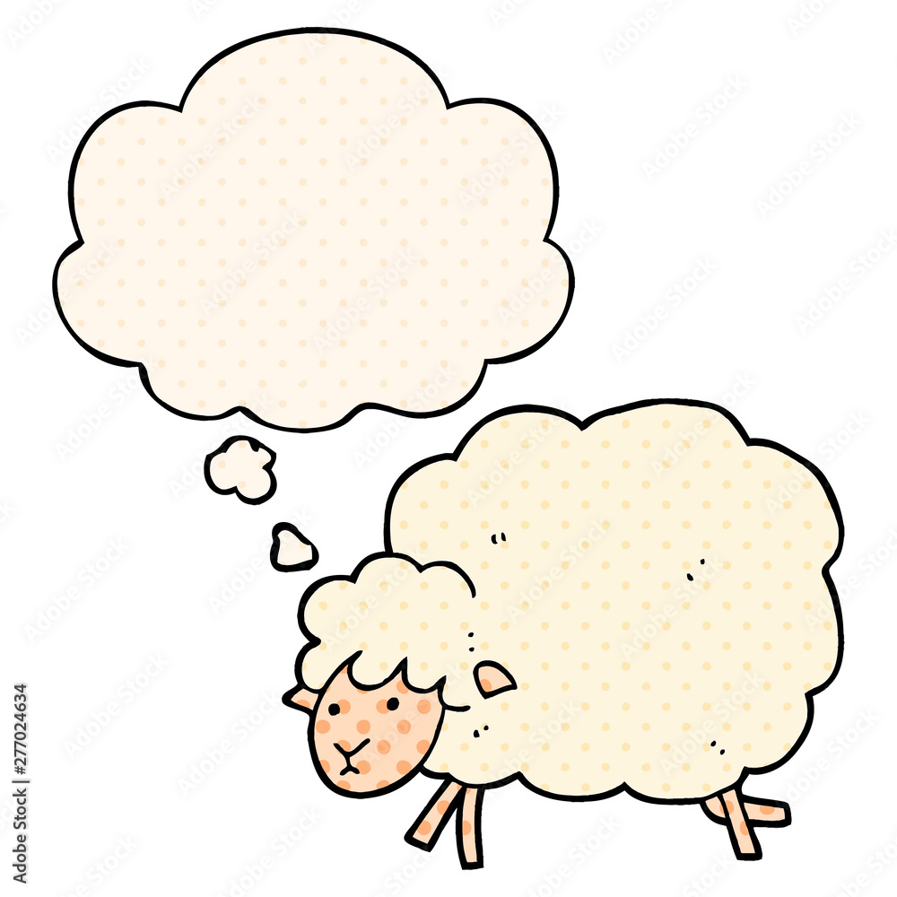 cartoon sheep and thought bubble in comic book style
