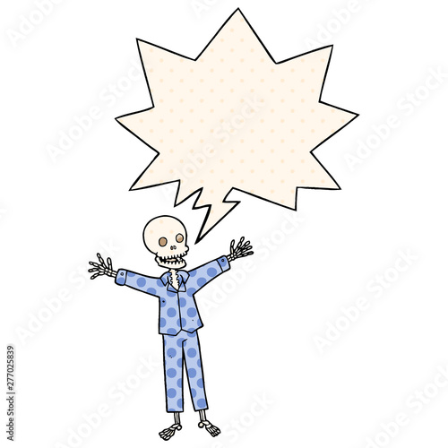 cartoon skeleton wearing pajamas and speech bubble in comic book style