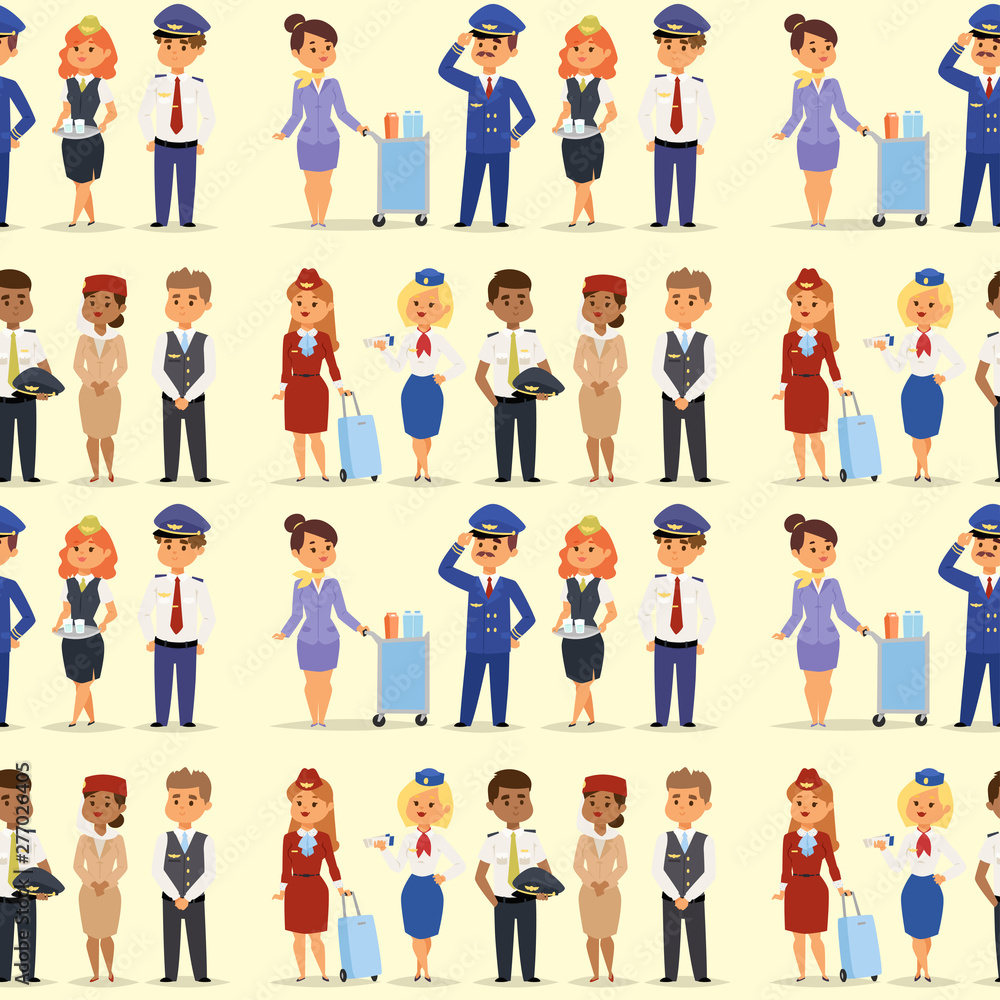 Pilots and stewardess vector illustration airline character plane personnel staff air hostess flight attendants people command seamless pattern background.