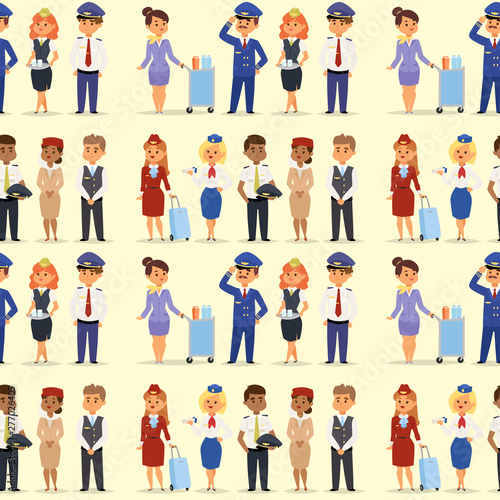 Pilots and stewardess vector illustration airline character plane personnel staff air hostess flight attendants people command seamless pattern background.