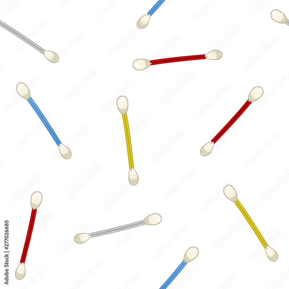 Seamless pattern of blue, red, yellow and white cotton swabs on a white background in vector. All swabs are at different angles. Seamless pattern of blue, red, yellow and white cotton swabs on a white background in vector. All swabs are at different angles.