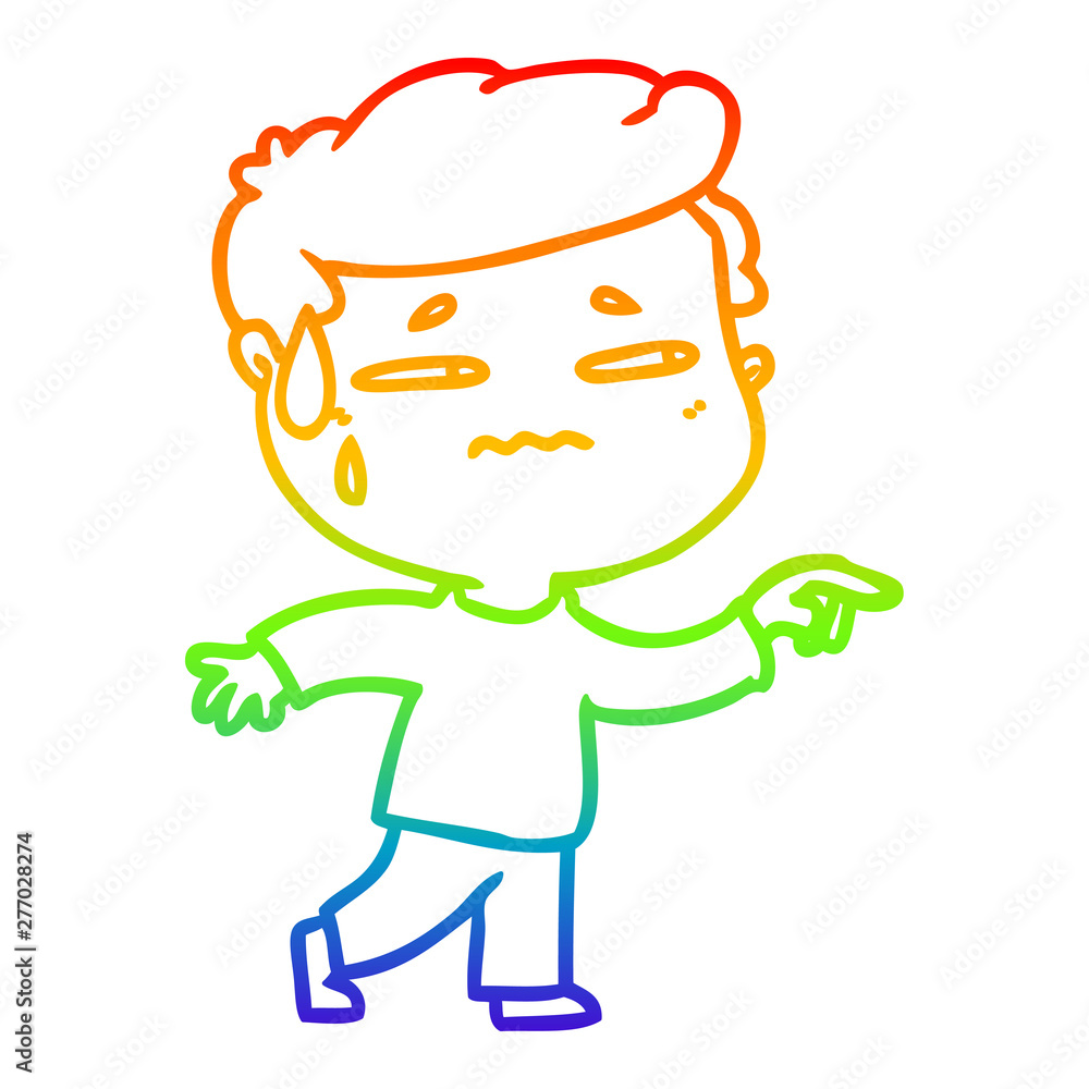 rainbow gradient line drawing cartoon anxious man pointing