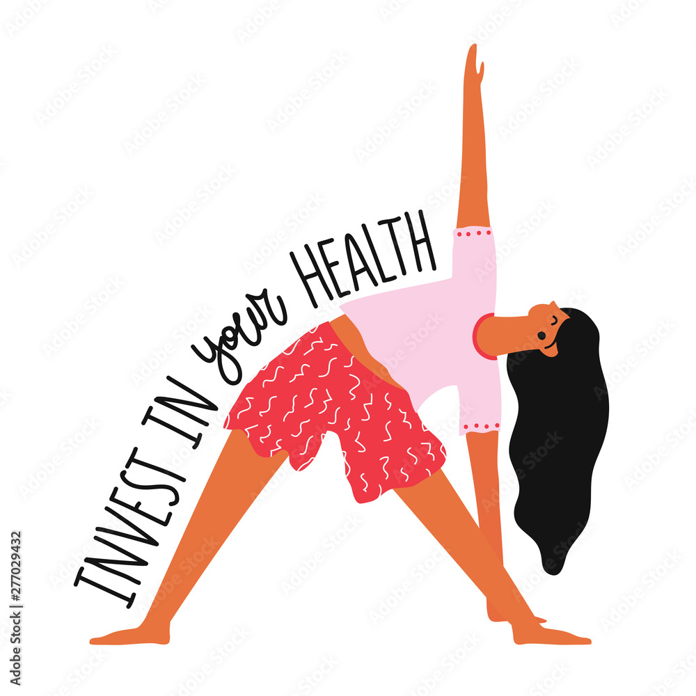 Φωτογραφία Vector illustration with healthy lifestyle woman doing exercise and lettering text Invest in your health