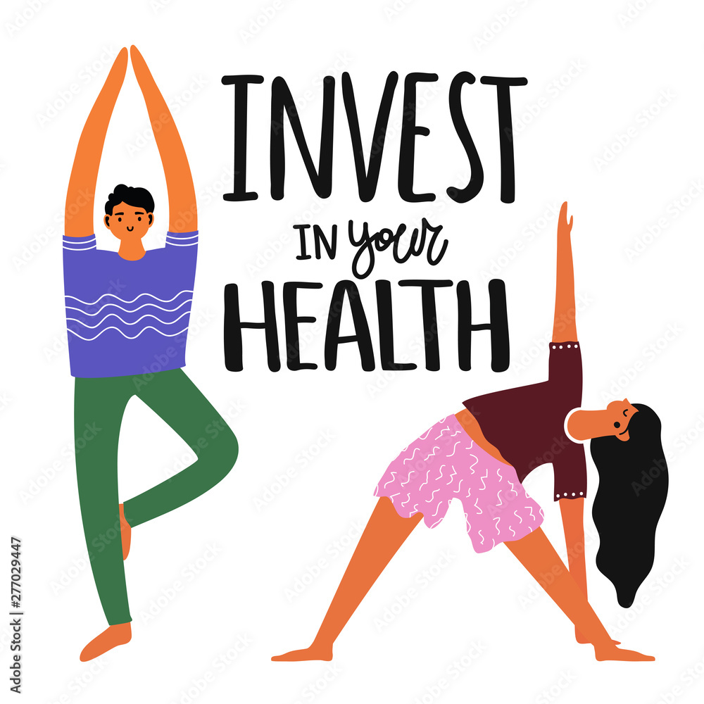 Φωτογραφία Vector illustration with healthy lifestyle woman and man doing exercises and lettering text Invest in your health