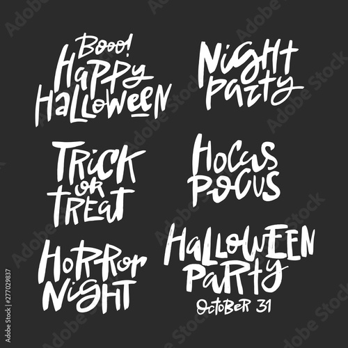 Set of vector lettering Halloween quotes, brush calligraphy. Handwritten Halloween typography print.