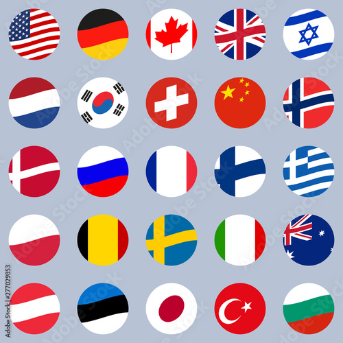 Flag icon set. Round or circle waving Flags of different countries of the World. Vector illustrations. 