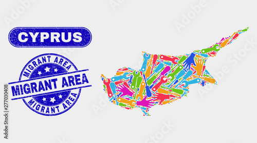 Service Cyprus map and blue Migrant Area distress seal stamp. Colored vector Cyprus map mosaic of service items. Blue rounded Migrant Area imprint.