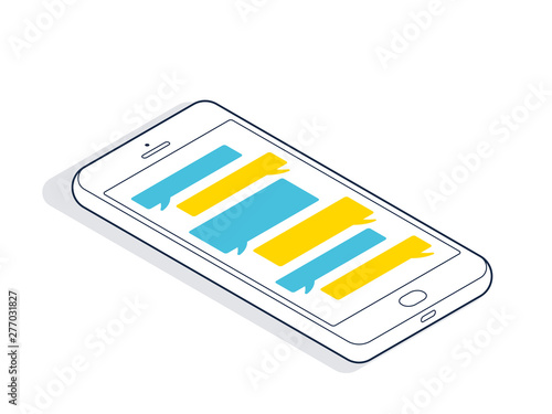 Chat concept. Isometric phone with mobile chat. Vector illustration