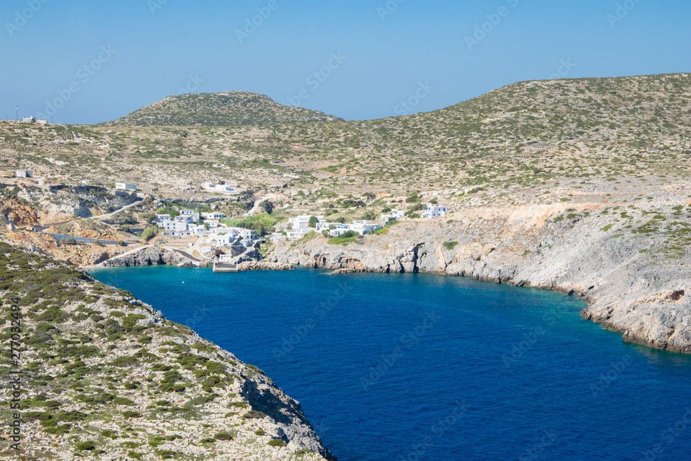 Panorama of the bay of Antikythera with deep blue sea waters where the port of the islan is located in Potamos village, Greece