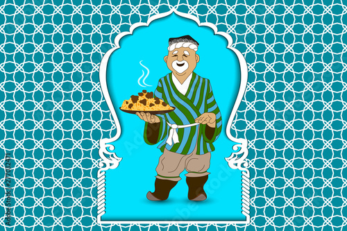 Cartoon vector doodle hand draw an Uzbek man prepares and invites pilaf  the national dish of Uzbekistan, Asia. Illustration as a template for the cook poster, mockup teahouse sign, billboard, banner.