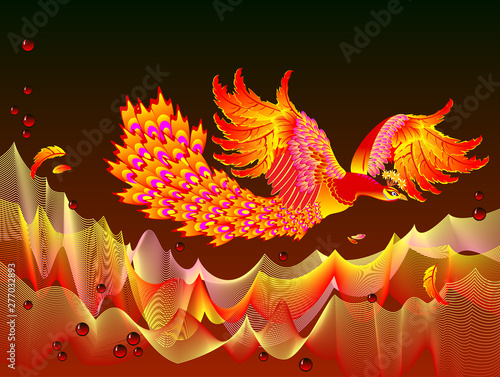 Fantasy illustration of Fire-bird flying between flame waves. Cover for children fairy tale book. Abstract background for poster for theater performance. Printable vector cartoon image.