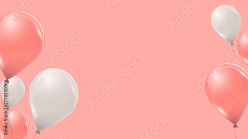 Vector pink and white helium balloons on pink background. Flying latex 3d ballons. 