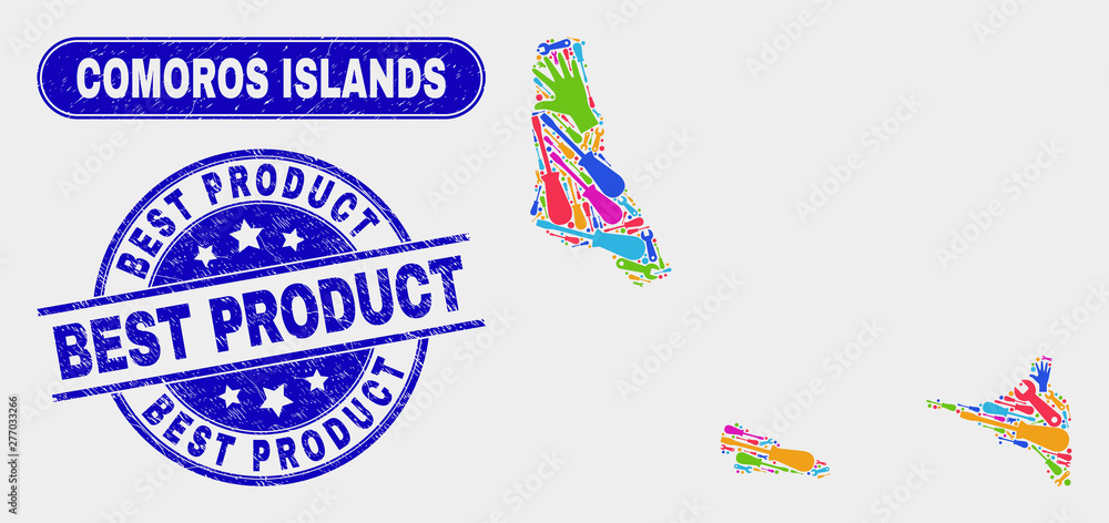 Industrial Comoros Islands map and blue Best Product textured stamp. Colored vector Comoros Islands map mosaic of industrial components. Blue round Best Product rubber. Industrial Comoros Islands map and blue Best Product textured stamp. Colored vector Comoros Islands map mosaic of industrial components. Blue round Best Product rubber.