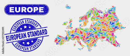 Factory Europe map and blue European Standard grunge seal stamp. Colorful vector Europe map mosaic of repair components. Blue round European Standard seal.