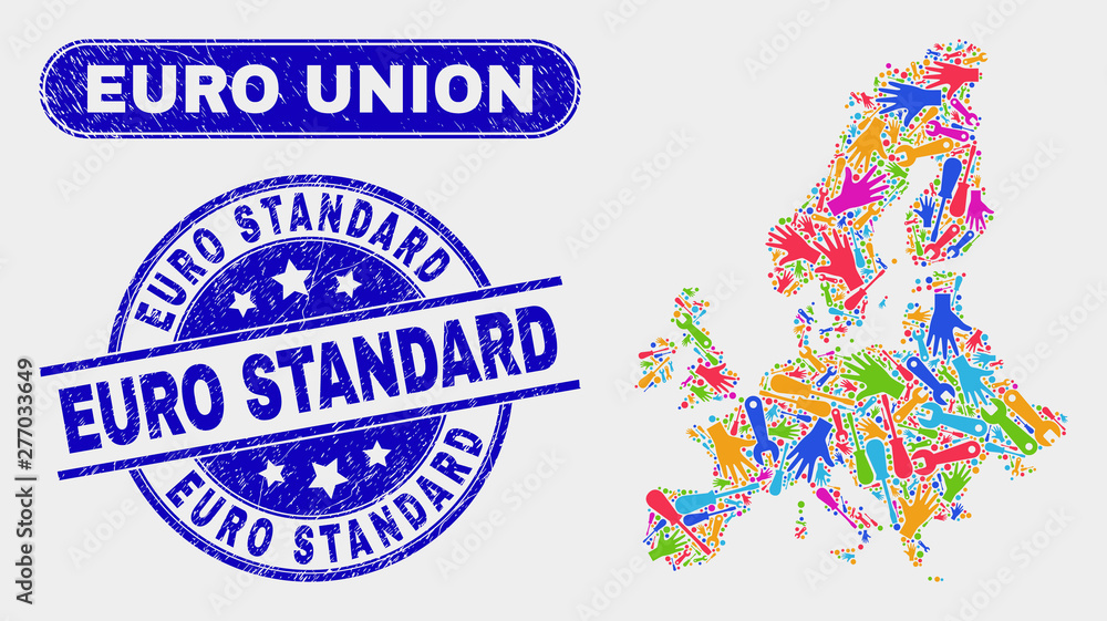 Assemble Euro Union map and blue Euro Standard textured seal stamp. Colorful vector Euro Union map mosaic of mechanics components. Blue round Euro Standard seal. Assemble Euro Union map and blue Euro Standard textured seal stamp. Colorful vector Euro Union map mosaic of mechanics components. Blue round Euro Standard seal.