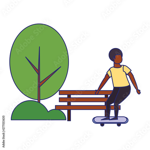 Young man on skateboard at park blue lines