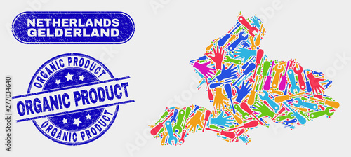 Service Gelderland Province map and blue Organic Product scratched stamp. Colored vector Gelderland Province map mosaic of mechanic items. Blue rounded Organic Product stamp.