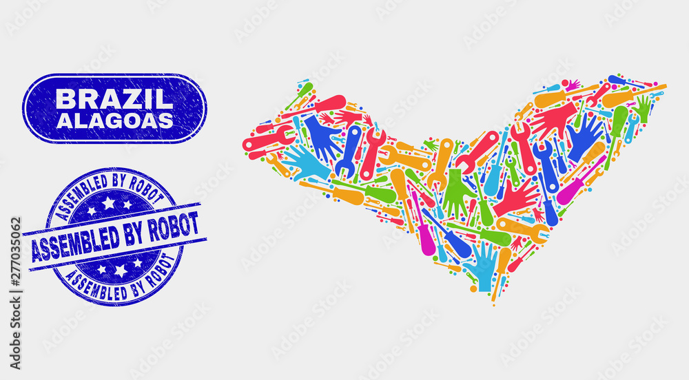 Fototapeta premium Engineering Alagoas State map and blue Assembled by Robot grunge stamp. Colored vector Alagoas State map mosaic of engineering units. Blue round Assembled by Robot stamp.