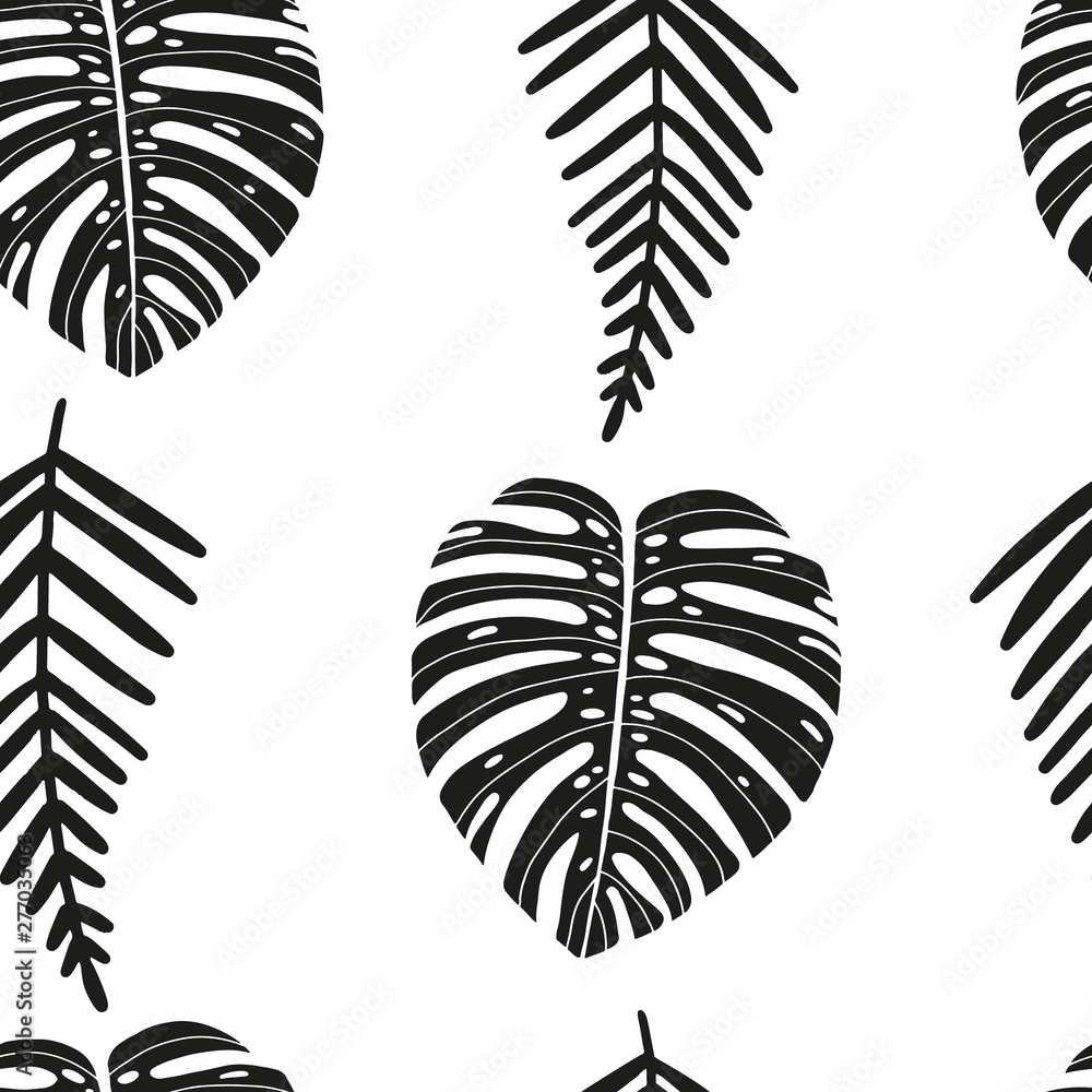 Vector hand drawn abstract seamless pattern with tropical leaves. Summer design, exotic floral graphic print for wrapping, paper cover, textile, fabric, cloth. Vector hand drawn abstract seamless pattern with tropical leaves. Summer design, exotic floral graphic print for wrapping, paper cover, textile, fabric, cloth.