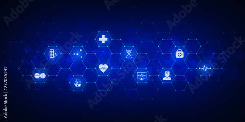Abstract medical background with flat icons and symbols. Template design with concept and idea for healthcare technology, innovation medicine, health, science and research.