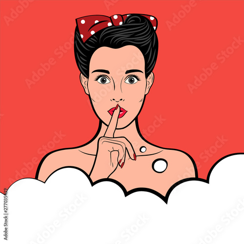 Young sexy surprised retro woman with open mouth holding forefinger at mouth as silence sign, Empty speech bubble. Vector background in pop art style. Invitation poster. 