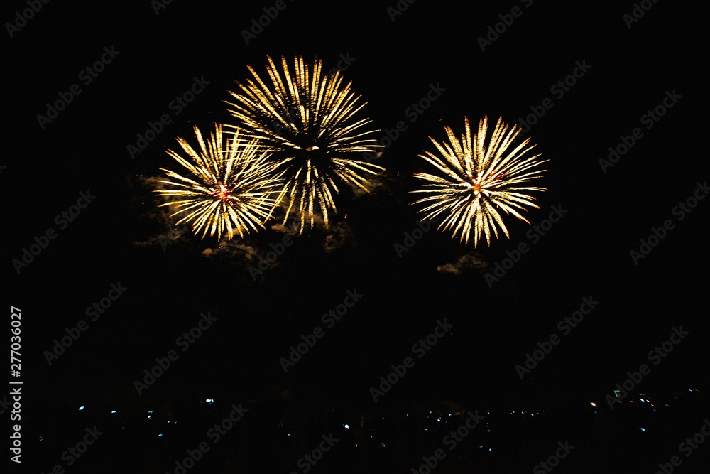 Real Fireworks on Deep Black Background Sky on Futuristic Fireworks festival show before independence day on 4 of July
