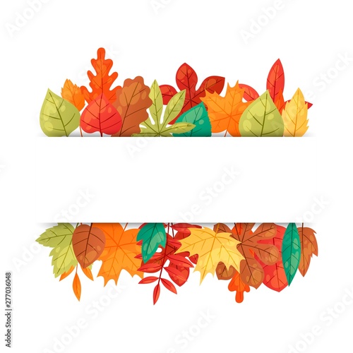 Autumn leaves background banner vector illustration. Green, red, orange, brown and yellow falling leaves. Colorful maple, chestnut and oak foliage. October season. Natural design.