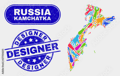 Tools Kamchatka map and blue Designer grunge seal. Bright vector Kamchatka map mosaic of workshop components. Blue round Designer seal.
