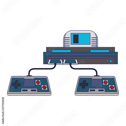 Retro videogame console and gamepads blue lines
