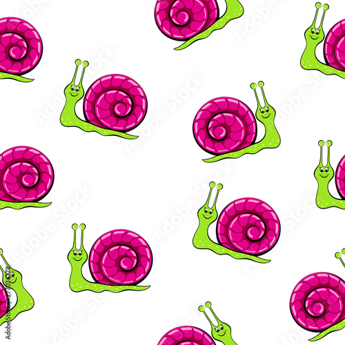 Seamless texture of a cheerful snail on a white background. Perfect for kids fabric, textile, nursery wallpaper. Vector illustration in cartoon style