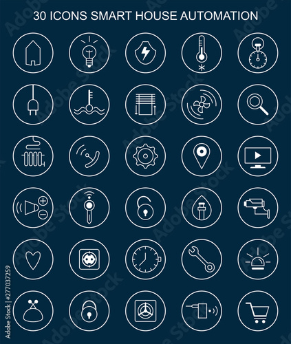 Customizable vector icons for infographics regarding smart home automation like smart thermostats, smart sensors, smart watch, gadgets, storage, servers, home automation, location services, appliances