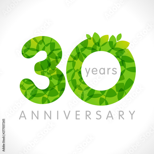 30 th anniversary numbers. 30 years old logotype. Age congrats, congratulation idea with leaves. Isolated abstract graphic design template. Herbal digits, up to 30% percent off discount. Eco label.