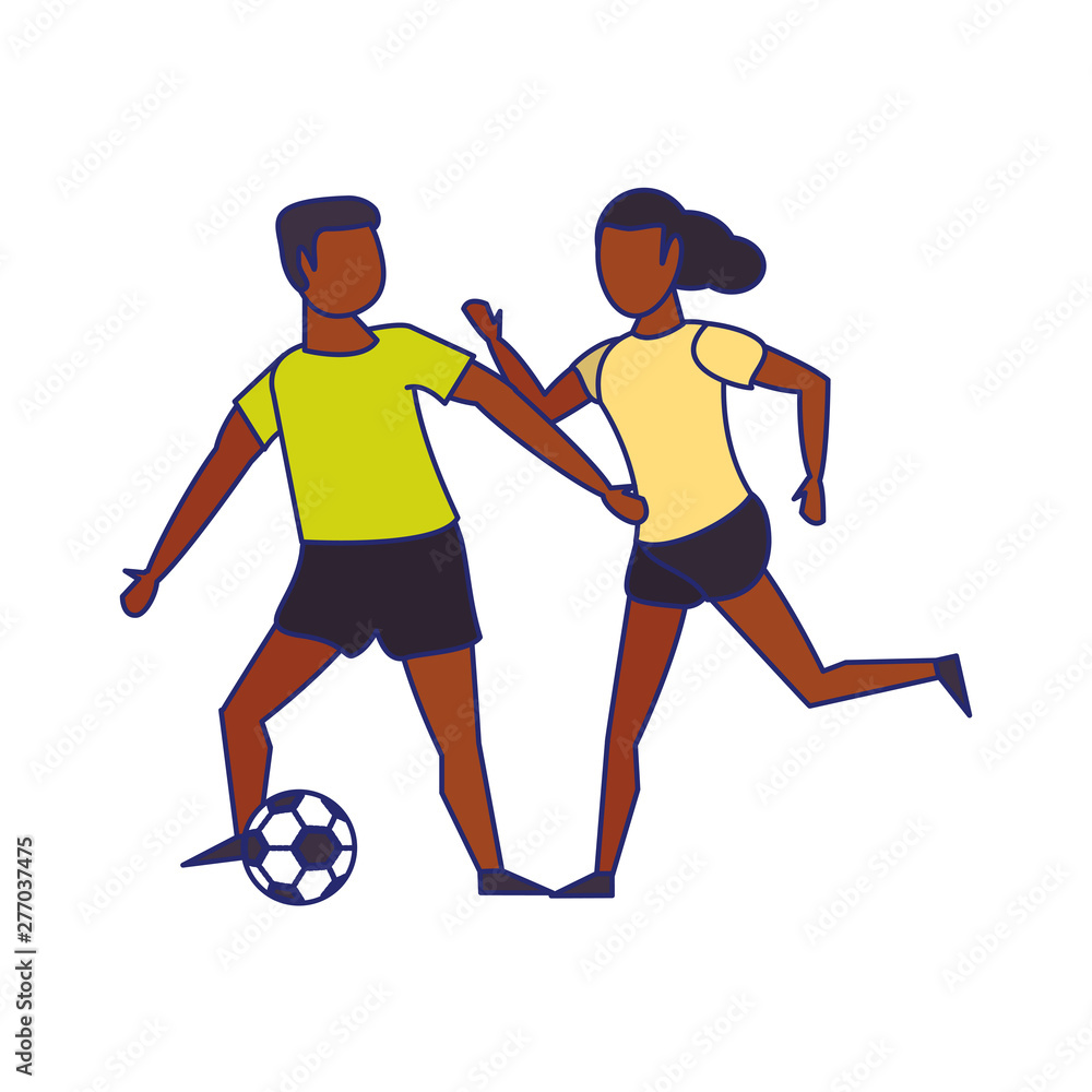 Couple training sports cartoons isolated blue lines