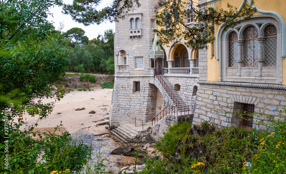 Obraz premium Small beach in Cascais, Portugal with yellow flowers & tree branches in the foreground. 