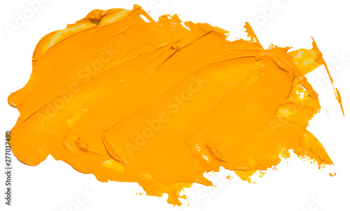 Vector yellow oil brush stroke. Abstract varnish splash trace shape. Glossy oil paint smear on white background. Eps 10 vector illustration.