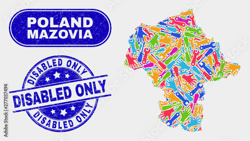 Component Mazovia Province map and blue Disabled Only textured seal stamp. Colored vector Mazovia Province map mosaic of equipment. Blue round Disabled Only badge.