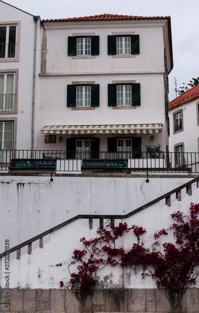 Fototapeta premium Magenta flowers climbing up a white wall with a traditional Portuguese home and a cloudy sky.