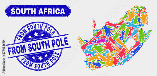 Assembly South African Republic map and blue From South Pole textured seal. Colored vector South African Republic map mosaic of equipment. Blue rounded From South Pole seal.