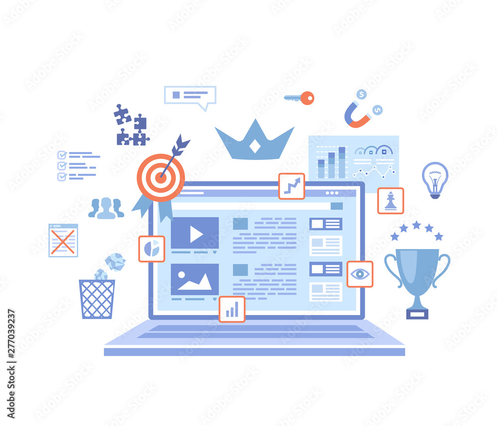 Quality content, content management, optimization, filtration, rating. Flat web page design template on the laptop screen, growing graphics, winner's cup, target. Vector illustration on white 