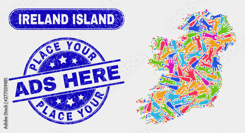 Industrial Ireland Island map and blue Place Your Ads Here textured seal stamp. Colored vector Ireland Island map mosaic of mechanics components. Blue rounded Place Your Ads Here seal.