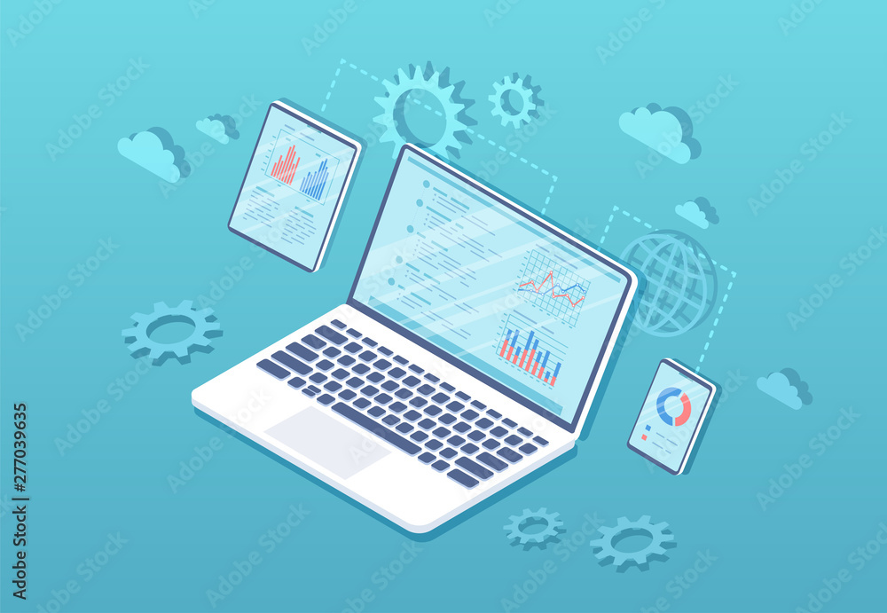 Data analysis. Analytics, statistics, audit, research, report. Web and mobile service. Financial reports, charts graphs on screens of laptop, phone, tablet. Business isometric illustration Data analysis. Analytics, statistics, audit, research, report. Web and mobile service. Financial reports, charts graphs on screens of laptop, phone, tablet. Business isometric illustration