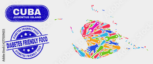Production Juventud Island map and blue Diabetes Friendly Food grunge seal stamp. Colored vector Juventud Island map mosaic of engineering components. Blue rounded Diabetes Friendly Food stamp.