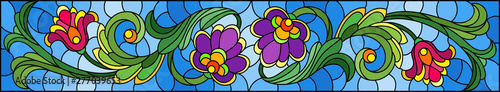 Illustration in stained glass style with abstract  swirls,flowers and leaves  on a blue background,horizontal orientation