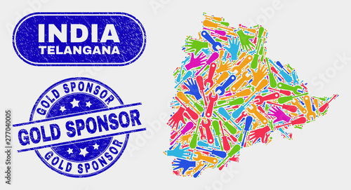 Engineering Telangana State map and blue Gold Sponsor grunge stamp. Bright vector Telangana State map mosaic of engineering. Blue round Gold Sponsor badge.