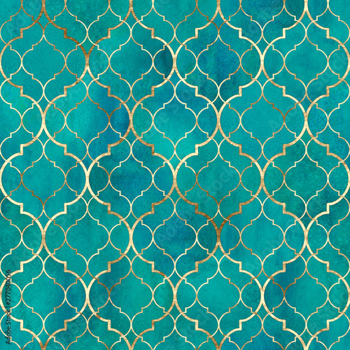 Watercolor abstract geometric seamless pattern. Arab tiles. Kaleidoscope effect. Watercolour vintage mosaic texture
