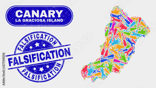 Industrial La Graciosa Island map and blue Falsification scratched seal stamp. Bright vector La Graciosa Island map mosaic of industrial items. Blue round Falsification seal.