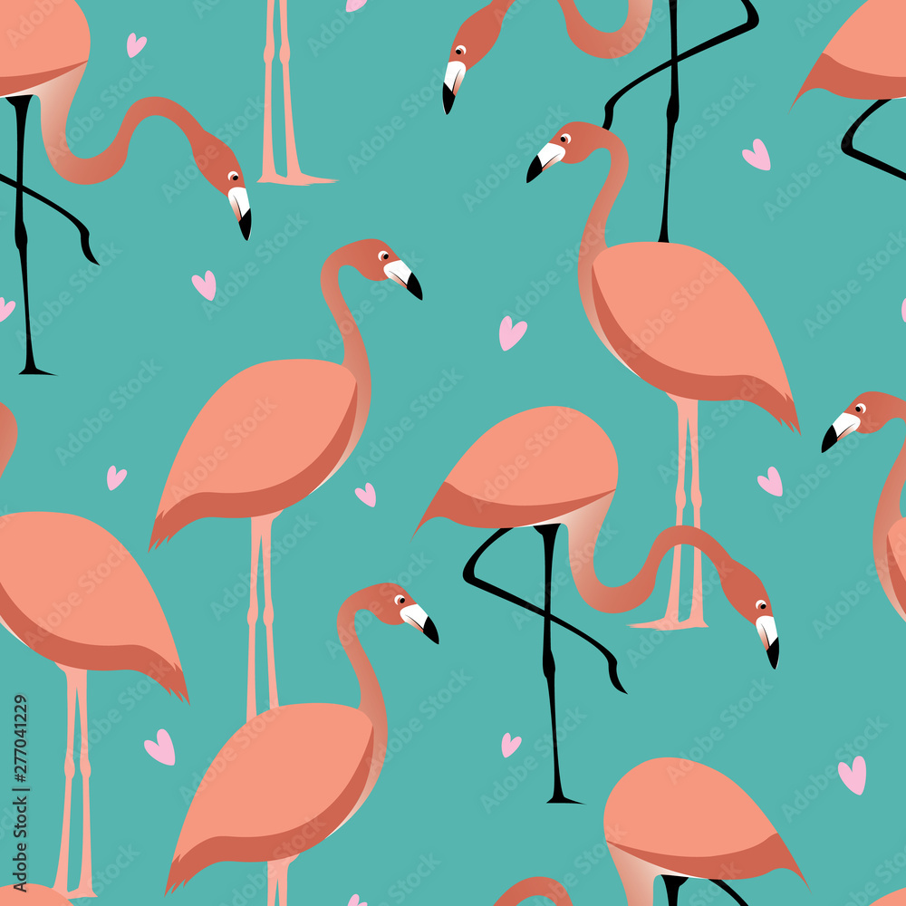 Obraz premium Flamingo with hearts seamless pattern on turquoise background