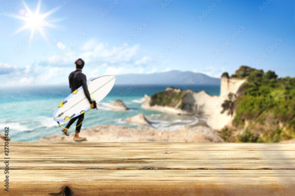 Desk of free space and summer beach background Desk of free space and summer beach background