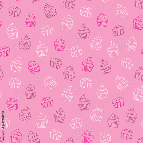 Cupcake outline pink and white seamless pattern